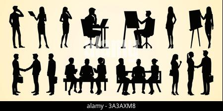 silhouettes of business professionals engaged in various office activities like working, presenting, meeting, and communicating, symbolizing workplace collaboration and interaction Stock Vector