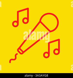 Microphone and musical notes simple line icon. Flat vector illustration isolated on yellow background. Stock Vector