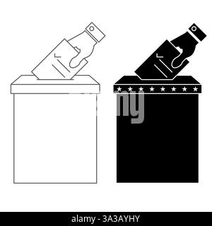A hand throws a ballot into a ballot box. Line and solid icon. Flat vector illustration isolated on white background. Stock Vector