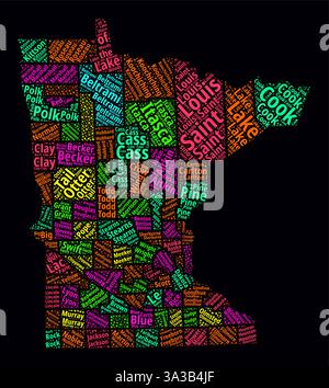 Minnesota Word Cloud. Bright neon style design on dark background. Region names text cloud. Boundary shape with administrative division. Stock Vector