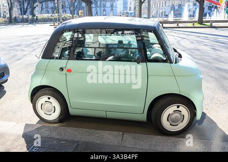 Fiat Topolino electric quadricycle micro car parked on side of a road – Milan, Italy – 03 March 2025 Stock Photo