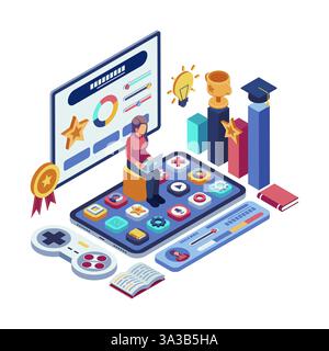 Isometric Students using Gamified Learning Platform with Progress Bars and Interactive Elements Stock Vector