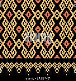 Yellow diamond-shaped geometric ethnic ikat seamless pattern with border on black for fabric textures, textile prints, and other digital prints. Stock Vector