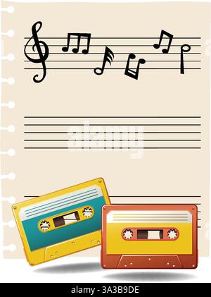 Colorful cassettes and musical notes on sheet music Stock Vector