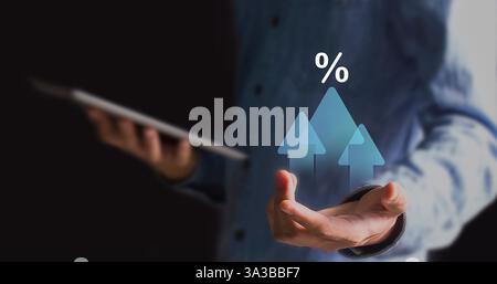 Businessman analyzes sales data and financial reports business growth graph Digital marketing planning and strategy Stock Photo