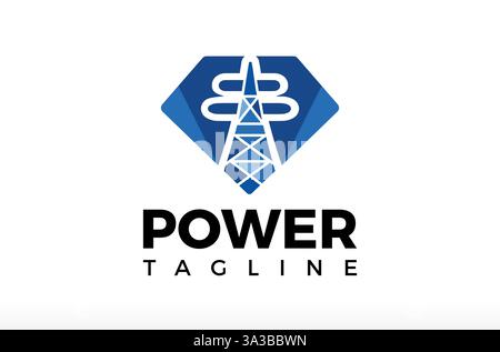 Power Diamond Logo, Diamond With Electric Tower Logo Design, Power Gem Logo, Electric Transmission Tower distribution high voltage electric tower, pow Stock Vector