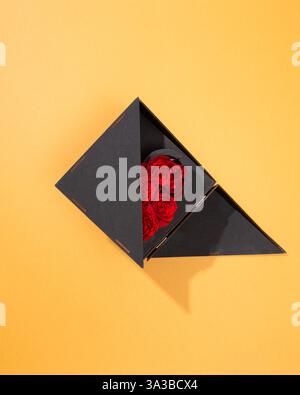 Black triangular gift box partially opened to reveal vibrant red roses inside, a romantic surprise Stock Photo