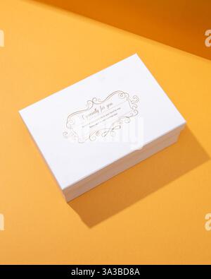 Clean white gift box with "Especially for you" inscription. Ideal for product mockups and generic gifting themes Stock Photo