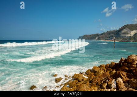 Panoramic view of rolling sea waves near Melasti Beach. Bukit peninsula, Bali, Indonesia. Stock Photo