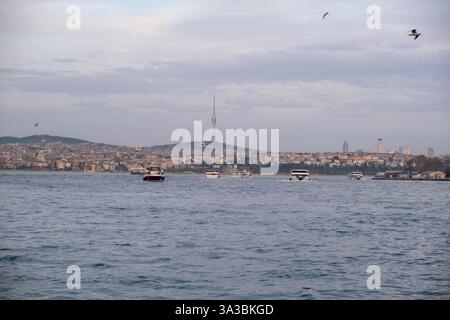 Serene waterfront scene with boats sailing on calm water, framed by a distant cityscape and seagulls soaring under a vast, cloudy sky. Stock Photo