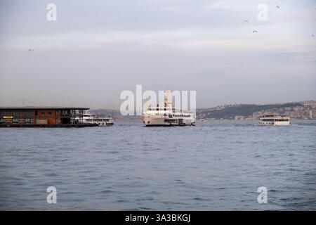 Serene waterfront scene with boats sailing on calm water, framed by a distant cityscape and seagulls soaring under a vast, cloudy sky. Stock Photo