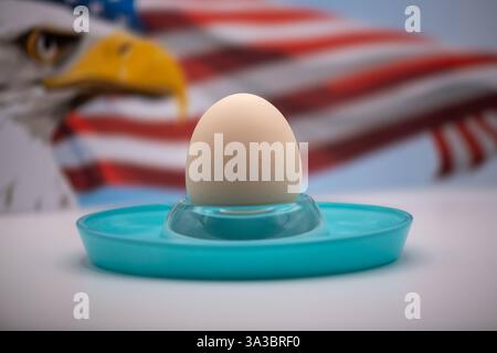 Eiermangel - Egg Lack Ei im Eierbecher, US-Amerikanische Falgge und Adler im Hintergrund - nur für redaktionelle Zwecke Egg in an egg cup, US-American falgge and eagle in the backgroundfor editorial purposes only *** Egg Lack Egg in an egg cup, US American falgge and eagle in the background for editorial purposes only Egg in an egg cup, US American falgge and eagle in the background for editorial purposes only Copyright: xBEAUTIFULxSPORTS/Märklx Stock Photo