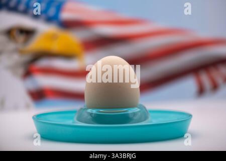 RECORD DATE NOT STATED Eiermangel - Egg Lack Ei im Eierbecher, US-Amerikanische Falgge und Adler im Hintergrund - nur für redaktionelle Zwecke Egg in an egg cup, US-American falgge and eagle in the backgroundfor editorial purposes only *** Egg Lack Egg in an egg cup, US American falgge and eagle in the background for editorial purposes only Egg in an egg cup, US American falgge and eagle in the background for editorial purposes only Copyright: xBEAUTIFULxSPORTS/Märklx Stock Photo