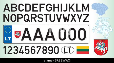 Lithuania new car license plate, letters, numbers and symbols, vector illustration, European Union Stock Vector