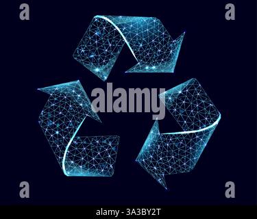 Recycling sign, glowing blue lowpoly wireframe on a dark background. Vector illustration design concept of Environment day. Stock Vector
