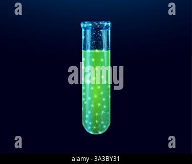Test tube, glowing green lowpoly wireframe glass flask on a dark background. Vector illustration design concept for medical industry and chemical labo Stock Vector