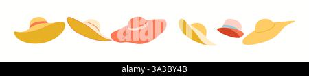 Illustration features five widebrimmed hats in assorted colors and styles. Each hat varies in design from simple to more detailed, showcasing diversit Stock Vector