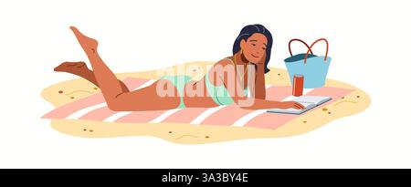 Illustration of a woman lying on a beach towel reading a book. She is wearing a green bikini and relaxing under the sun with a drink and beach bag nea Stock Vector