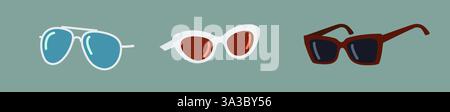Illustration showcasing three distinct styles of sunglasses. Each pair features a unique frame design and vibrant lens color, set on a muted backgroun Stock Vector
