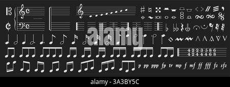 Illustration showing various musical notations including clefs, notes, rests, and dynamic markings. Black background highlights white musical symbols Stock Vector