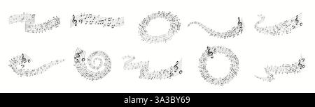 Illustration featuring diverse arrangements of musical notes in flowing and circular wave forms. Perfect for design projects involving music themes an Stock Vector