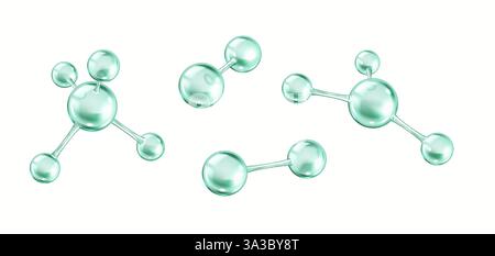 Different rotating green collagen molecules realistic color icons set. Protein creates chemical bonds 3d objects bundle on white background Stock Vector