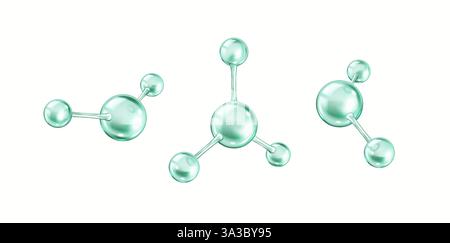 Rotating green collagen molecules realistic color icons set. Protein structures from different spheres 3d objects bundle on white background Stock Vector