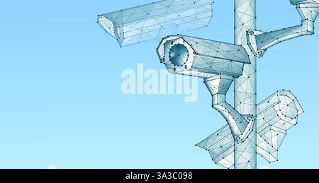 Security camera. Vector low pole illustration. Isolated on blue. Security system Stock Vector