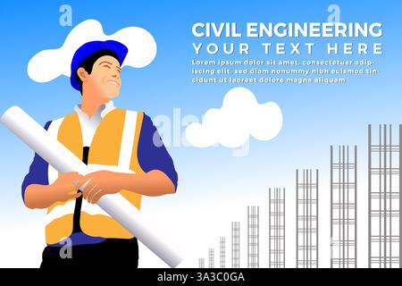Civil engineering architect works at building construction site Smart civil engineer and architecture concept Drawing paper and blueprint, Commercial Stock Vector