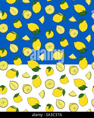 Lemons whole and cut seamless pattern. green leaves. Vector graphic line ink yellow illustration on transparent background. fruit background for banne Stock Vector