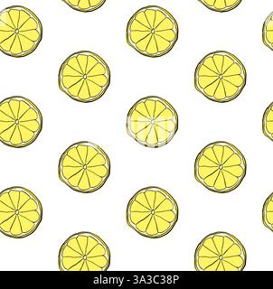 lemon slices seamless pattern. Graphic line ink Vector illustration isolated on transparent background. art for food design, recipe, cook book, packag Stock Vector