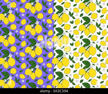 citrus lemon branches with leaves and white flowers seamless pattern. Vector graphic line ink illustration on transparent background. Ideal for menu, Stock Vector