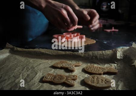 process of making Easter cookies with stamp. Bunnies and eggs close-up on bakery paper, man hands Stock Photo
