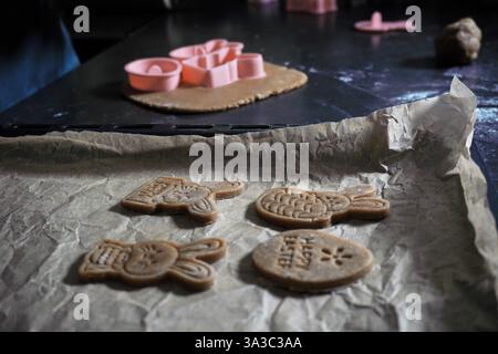 Easter cookie dough and cookie cutters in bunnies and eggs share. children funny cooking close up on dark background Stock Photo