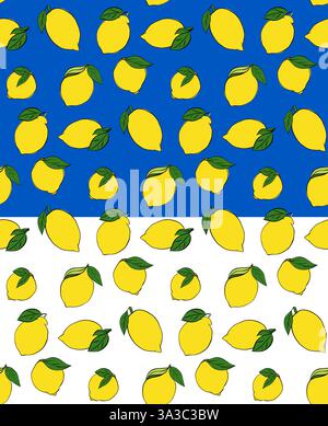 Lemon with leaves seamless pattern. Vector yellow and green graphic line ink illustration on transparent background. Trendy summer background. Vector Stock Vector