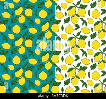 Pattern with lemons on the branches. Ripe lemons on branches with green leaves in a colored vector seamless pattern. Graphic line ink illustration for Stock Vector
