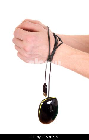 Hands tied with Cable of Computer Mouse Isolated on the White Stock Photo