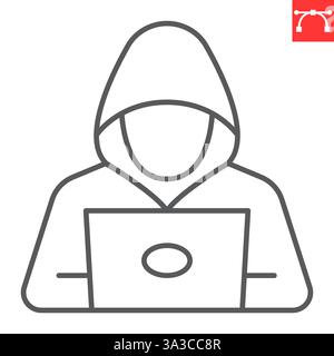 Hacker with laptop line icon, security and protection, hacker vector icon, vector graphics, editable stroke outline sign, eps 10. Stock Vector