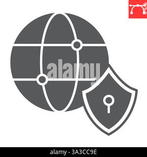 Globe with padlock glyph icon, security and vpn, network security vector icon, vector graphics, editable stroke solid sign, eps 10. Stock Vector