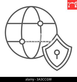 Globe with padlock line icon, security and vpn, network security vector icon, vector graphics, editable stroke outline sign, eps 10. Stock Vector