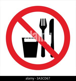 Red prohibition sign featuring a crossed-out fork, knife, and glass, indicating no eating or drinking allowed Stock Vector