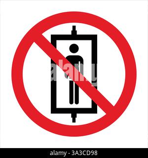 Red circle with diagonal line over elevator icon indicating prohibition of elevator usage Stock Vector