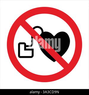 Pacemaker implantation forbidden sign, showing heart with electronic device, medical warning symbol Stock Vector