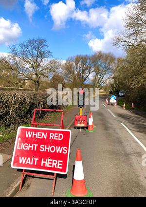 Temporary traffic lights on a country lane in rural England Stock Photo