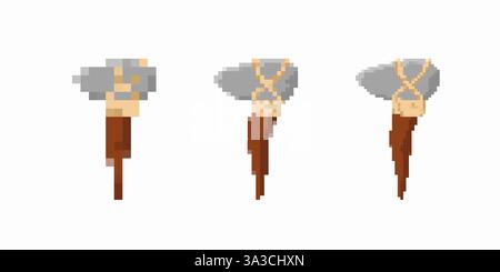 Three pixelated stone axes with wooden handles in different angles and styles Stock Vector
