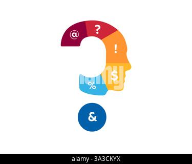 Abstract human head with symbols in question mark shape on clear white background Stock Vector