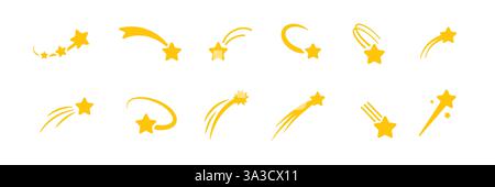 Bright yellow shooting star icons in various shapes on a clear background Stock Vector