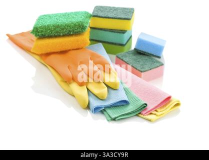 Stack of glowes rags and sponges Stock Photo