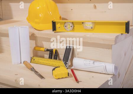 View on compositionf o working tools on wooden ladder Stock Photo