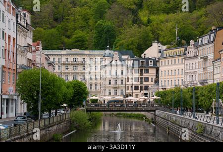 Karlovy Vary, a famous spa town in the Czech Republic, is known for its elegant architecture, healing waters, and picturesque riverside scenery. High quality photo Stock Photo